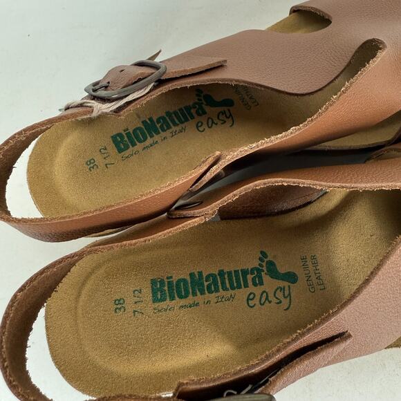 Bionatura Tessa Sandals Women 7.5 Brown Genuine Leather Buckle Peep Toe Wedge - Picture 9 of 9